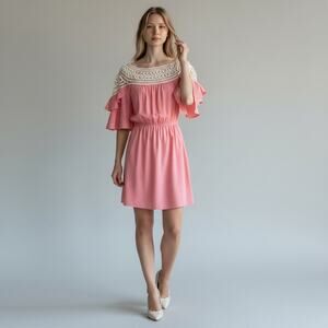 Women's Anthropologie Esley Pink Dress White Crochet Pattern Top Tiered Sleeve S